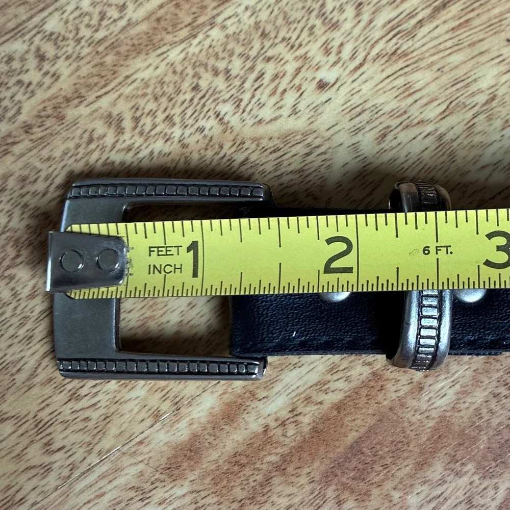 Vintage Western Belt Black Silver Buckle Tip Cowboy Boho Etched Metal Statement